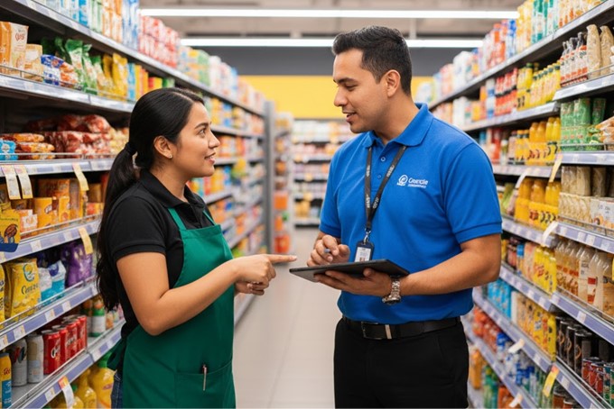 Vendedor profesional presentando productos de consumo masivo a cliente en supermercado moderno.