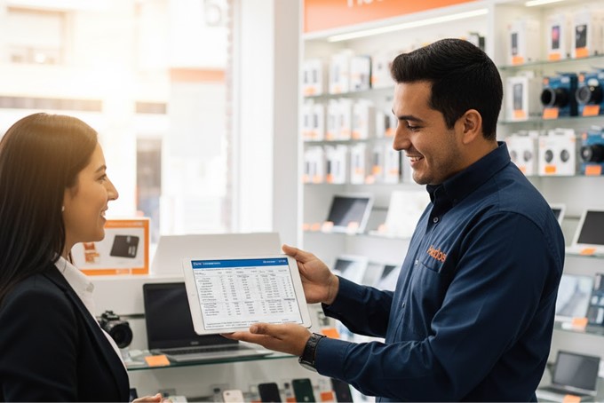Vendedor profesional en tienda retail mostrando productos a cliente con apoyo de tablet.