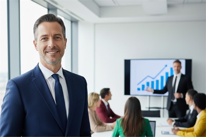 Gerente satisfecho con la capacitación en ventas de su equipo comercial en Quito. Diagnóstico y ROI asegurado.