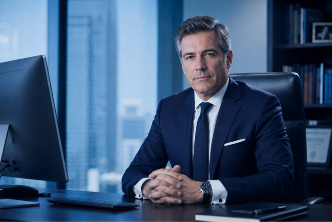 CEO ejecutivo senior en oficina corporativa moderna, sentado detrás de su escritorio con traje formal azul, manos entrelazadas y expresión de liderazgo y confianza.