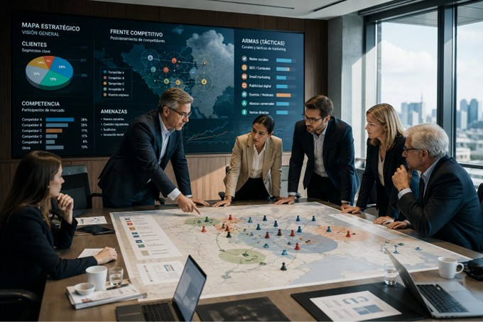 Ceo reunido con su equipo analizando el entonor competitivo